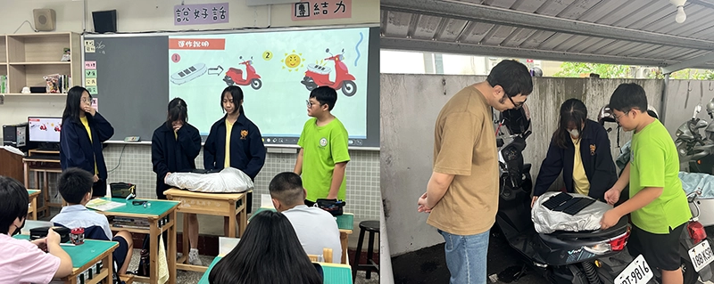 左為校園宣導並實作解說圖，右為跟師長宣導隔熱墊的理念與安裝。